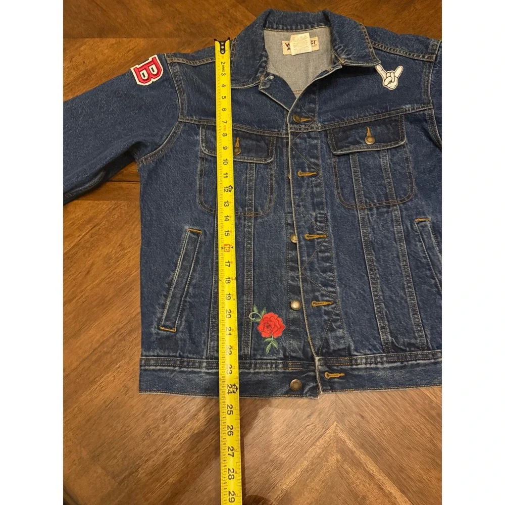 Wrangler Rugged Wear Mens Denim Jacket Medium Blue Patchwork Trucker RJK30AN